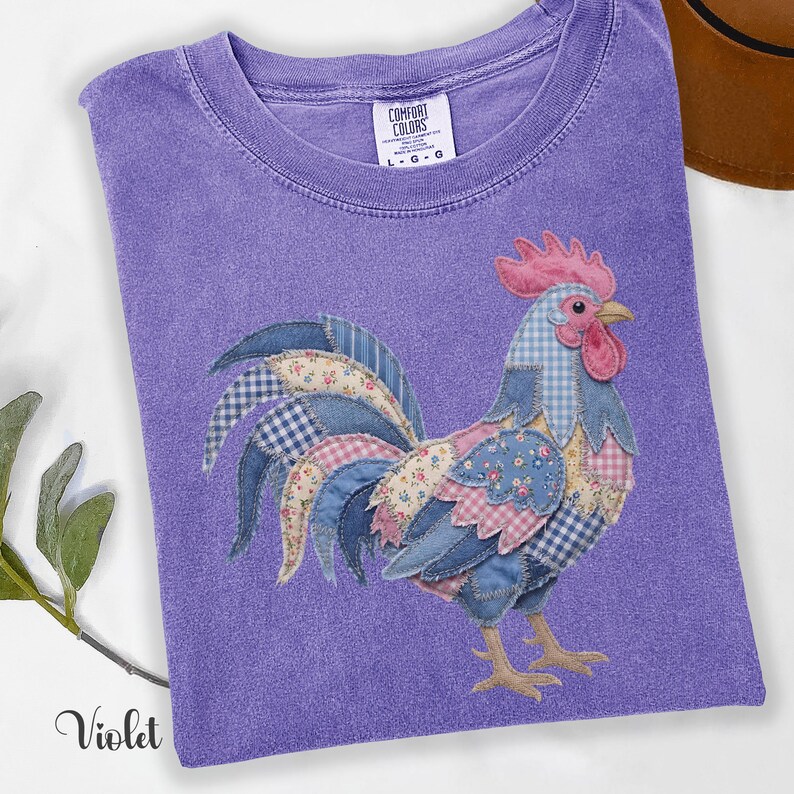Floral Rooster Faux Patchwork Shirt, Country Patched Rooster Mom Shirt, Farmhouse Rooster Lover Comfort Colors Gift image 7