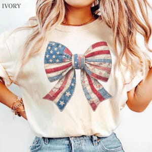USA Flag Bow Faux Patchwork Tee , Patriotic Coquette Bow Tee, Independence Day Comfort Colors Shirt