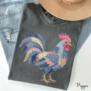 Floral Rooster Faux Patchwork Shirt, Country Patched Rooster Mom Shirt, Farmhouse Rooster Lover Comfort Colors Gift image 5