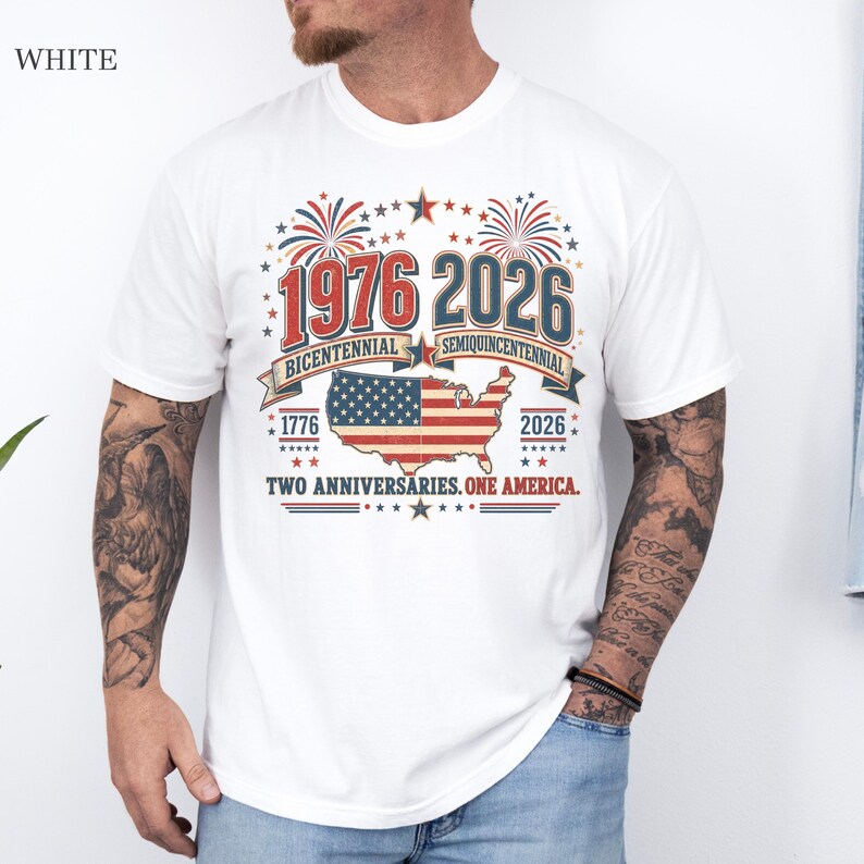 White Comfort Colors t-shirt featuring a vintage patriotic 1976 Bicentennial vs 2026 Semiquincentennial design with bold 1776–2026 text, American flag graphic, fireworks, and USA map, worn as a stylish patriotic outfit for Independence Day, July 4th celebrations, USA 250th anniversary events, and perfect as a 1976 birthday gift or turning 50 t-shirt for those proud of American history and heritage