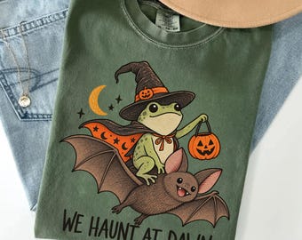 Witch Frog Bat Shirt, Funny Halloween Gift, We Haunt At Dawn Sweatshirt, Frog Lover Spooky Tee, Bat Lover Shirt, Dark Humor Top