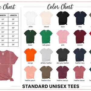 The image is a color chart for standard unisex tees, displaying various shirt colors and their corresponding widths and lengths.