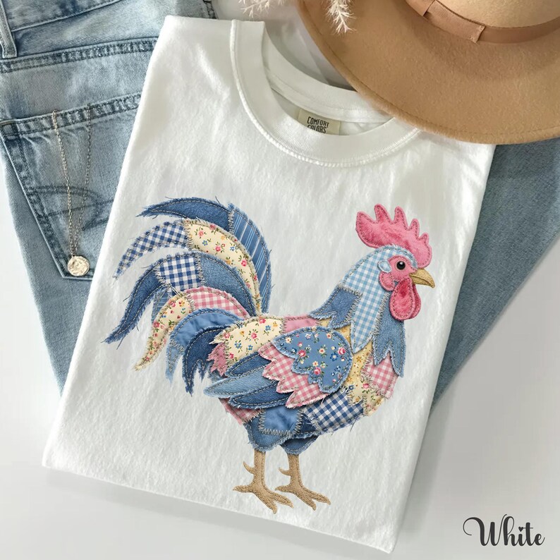 Floral Rooster Faux Patchwork Shirt, Country Patched Rooster Mom Shirt, Farmhouse Rooster Lover Comfort Colors Gift image 3