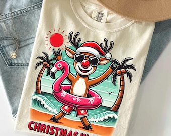 Christmas In July Reindeer Shirt, Xmas Summer Gift, Tropical Christmas Beach Vacation Tee