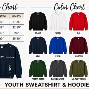 The image is a size chart and color chart for a youth sweatshirt and hoodie collection. The chart displays various sizes and colors of sweatshirts and hoodies, along with their corresponding measurements and descriptions.