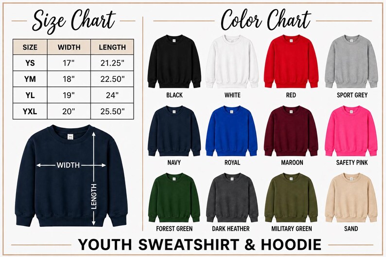 The image is a size chart and color chart for a youth sweatshirt and hoodie collection. The chart displays various sizes and colors of sweatshirts and hoodies, along with their corresponding measurements and descriptions.
