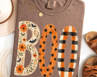 Floral Leopard Gingham Boo Shirt, Cute Girly Halloween Gift, Vintage Spooky Boo Graphic, Fall Women's Sweatshirt