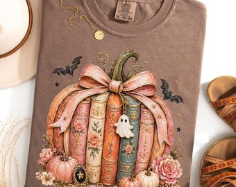 Pumpkin Book Shirt, Girly Fall Bookish Tee, Spooky Book Lover Halloween Gift, Vintage Autumn Reading Top