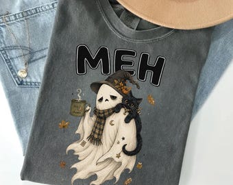 Funny Cat Meh Shirt, Ghost Black Cat Mom Sweatshirt, Funny Halloween Gift For Cat Lovers, Spooky Season Cat Tee