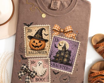 Vintage Halloween Postage Stamp Shirt, Retro Halloween Gift, Haunted House Boo Ghost Witch Pumpkin Stamps Sweatshirt