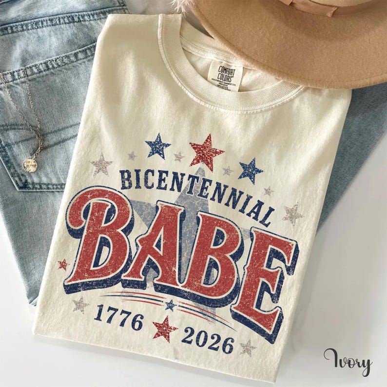Bicentennial Babe Comfort Colors Shirt, 1976 50th Birthday Gift for Her, Retro Independence Day Tee, Patriotic Turning 50 T-Shirt image 2