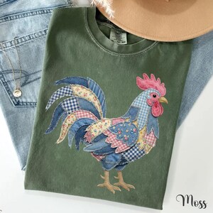 Floral Rooster Faux Patchwork Shirt, Country Patched Rooster Mom Shirt, Farmhouse Rooster Lover Comfort Colors Gift image 6