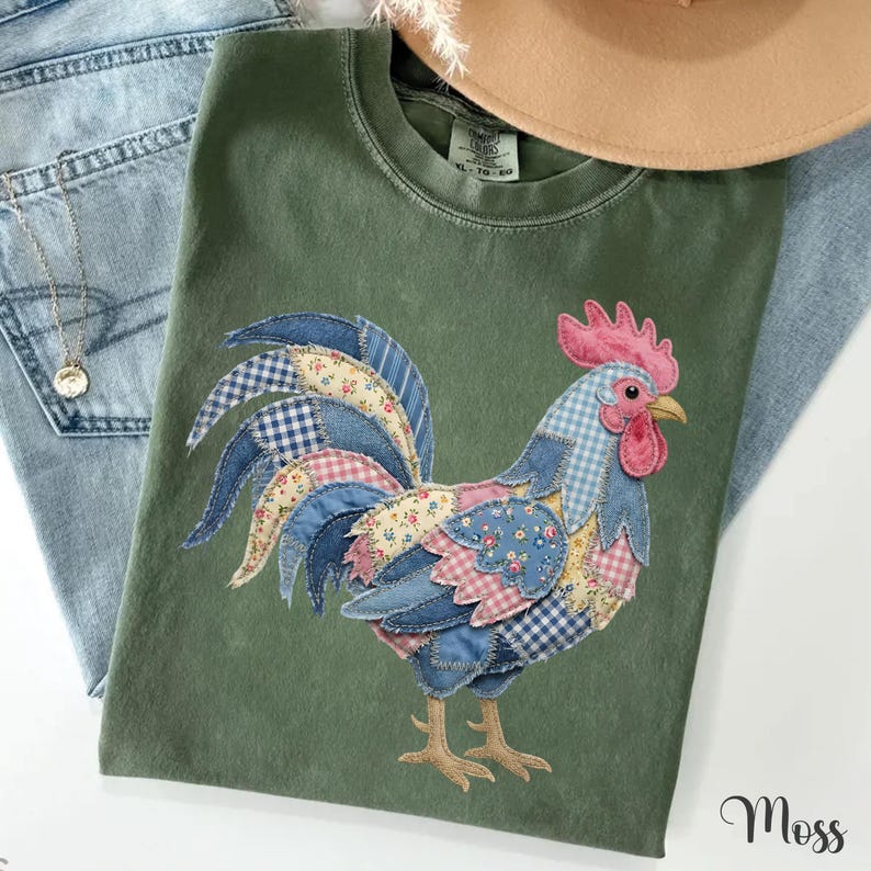 Floral Rooster Faux Patchwork Shirt, Country Patched Rooster Mom Shirt, Farmhouse Rooster Lover Comfort Colors Gift image 6