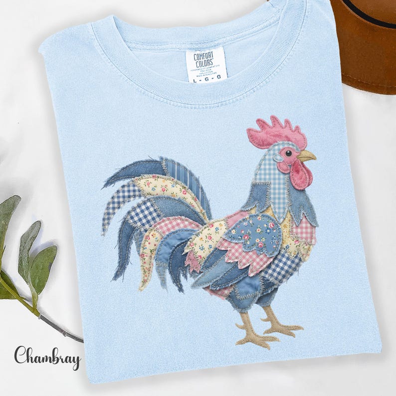 Floral Rooster Faux Patchwork Shirt, Country Patched Rooster Mom Shirt, Farmhouse Rooster Lover Comfort Colors Gift image 4