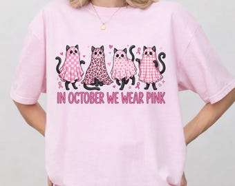 Ghost Cat Breast Cancer Support Crew Shirt, In October We Wear Pink Tee, Breast Cancer Awareness Halloween Gift, Pink Ribbon Cancer Team Tee