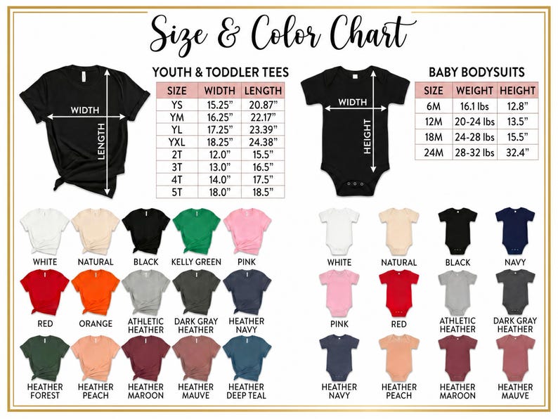 The image is a size and color chart that provides measurements and color options for youth and toddler tees, as well as baby bodysuits. It includes a variety of t-shirt designs in different colors and styles, such as natural, black, pink, white, navy, and peach. The chart provides specific measurements for each size and color, allowing for easy comparison and selection of the desired size and color.