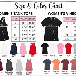 The image is a size and color chart that provides information about women's tank tops and v necks. It includes a table with the width and length measurements for different sizes, as well as a list of color options and corresponding tops.