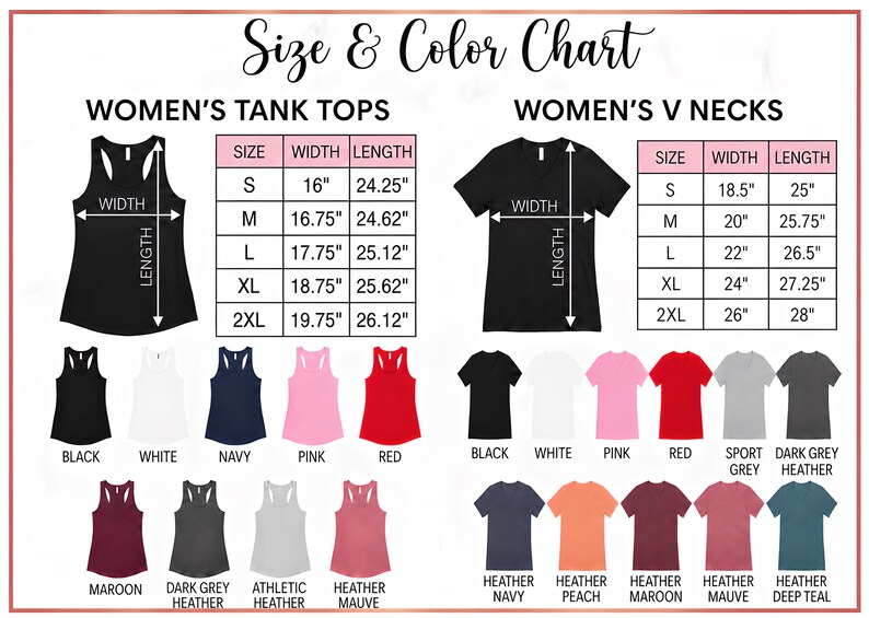 The image is a size and color chart that provides information about women's tank tops and v necks. It includes a table with the width and length measurements for different sizes, as well as a list of color options and corresponding tops.