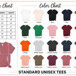 The image is a color chart for standard unisex tees, displaying various shirt colors and their corresponding widths and lengths.