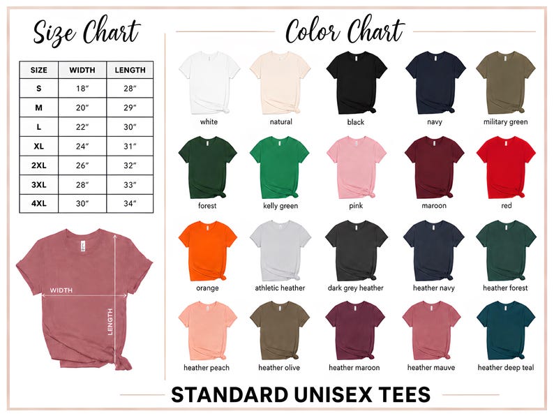 The image is a color chart for standard unisex tees, displaying various shirt colors and their corresponding widths and lengths.