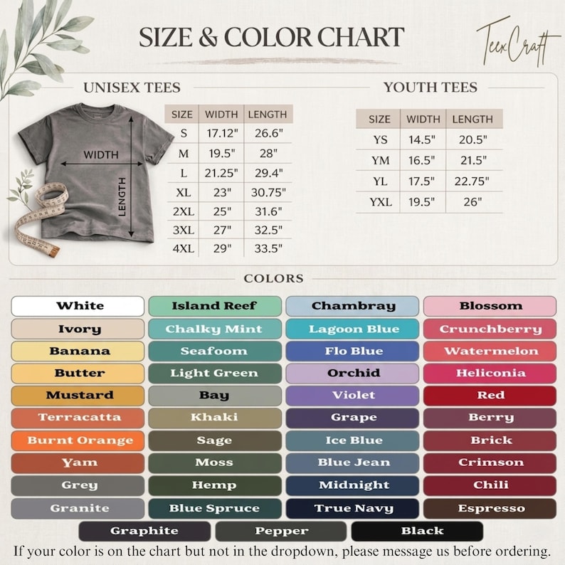 K&ouml;nnte beinhalten: Gr&ouml;&szlig;en- und Farbtabelle f&uuml;r Unisex- und Jugend-T-Shirts. Die Tabelle enth&auml;lt Gr&ouml;&szlig;enangaben in Zoll und eine gro&szlig;e Auswahl an Farboptionen wie Wei&szlig;, Schwarz, Rot und Blau. Der Text unten lautet: "Wenn Ihre Farbe auf der Tabelle, aber nicht im Dropdown-Men&uuml; ist, senden Sie uns bitte vor der Bestellung eine Nachricht."