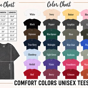a collection of color charts and a size chart for a variety of unisex t-shirt designs.