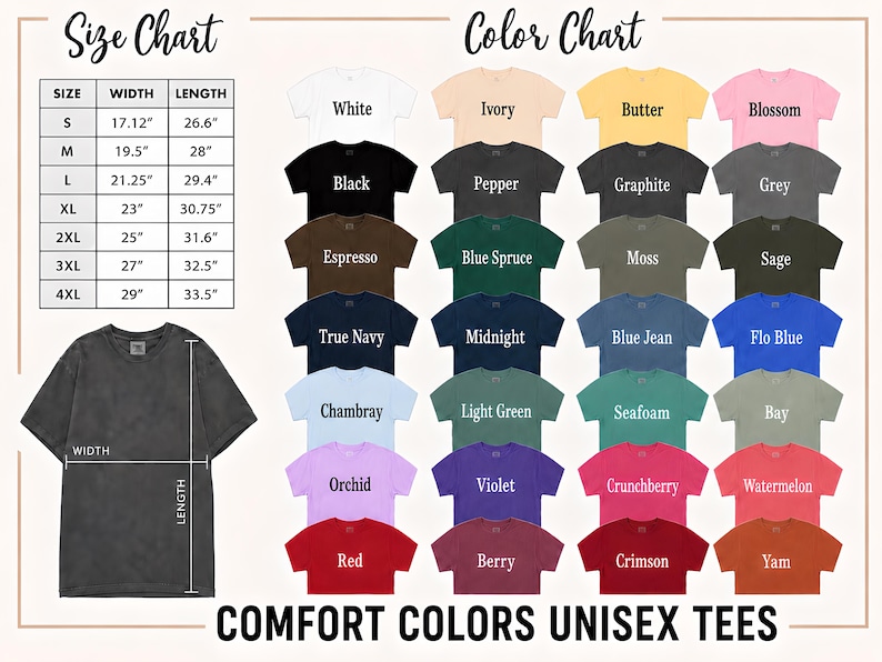 a collection of color charts and a size chart for a variety of unisex t-shirt designs.