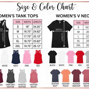The image is a size and color chart that provides information about women's tank tops and v necks. It includes a table with the width and length measurements for different sizes, as well as a list of color options and corresponding tops.