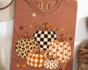 Fall Pumpkins Shirt, Trendy Halloween Gift, Leopard Polka Dot Checkered Gingham Pumpkins Tee, Fall Girly Top
