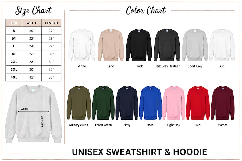 The image is a size chart and color chart for a unisex sweatshirt and hoodie, providing measurements and color options for different sizes and styles.