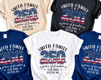 Custom 250 Years of Freedom Faux Patchwork Family Shirt, Personalized USA 250th Anniversary Group Gift,Custom Location Patriotic Reunion Tee