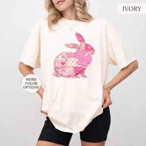 Pink Bow Bunny Faux Patchwork Tee, Spring Floral Bunny Shirt, Country Patched Comfort Colors Tee