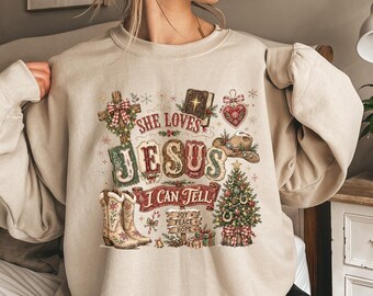 She Loves Jesus I Can Tell Shirt, Cowgirl Christmas Gift, Western Xmas Sweatshirt, Country Christian Tee