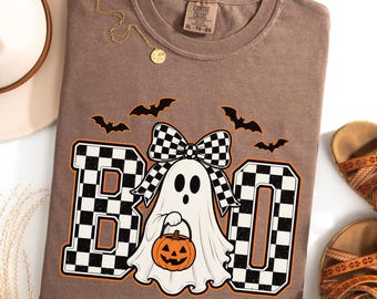 Boo Ghost Shirt, Retro Halloween Gift, Checkered Bow Spooky Sweater, Fall Season Hoodie