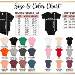 The image is a size and color chart that provides measurements and color options for youth and toddler tees, as well as baby bodysuits. It includes a variety of t-shirt designs in different colors and styles, such as natural, black, pink, white, navy, and peach. The chart provides specific measurements for each size and color, allowing for easy comparison and selection of the desired size and color.