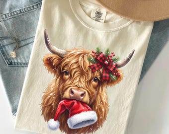 Christmas Highland Cow Shirt, Santa Cow Christmas Tee, Highland Cow Lover Gift, Farm Christmas Shirt