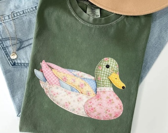Floral Duck Faux Patchwork Shirt, Vintage Duck Lover Tee, Outdoors Nature Comfort Colors Tee