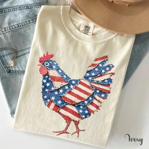 USA Flag Chicken Faux Patchwork Shirt, Patriotic Chicken Comfort Colors T-Shirt, Chicken Lover Gifts for 4th July Independence Day