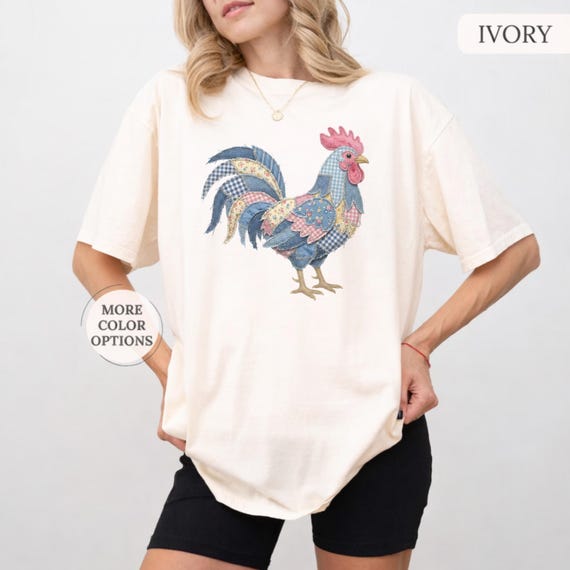 Floral Rooster Faux Patchwork Shirt, Country Patched Rooster Mom Shirt, Farmhouse Rooster Lover Comfort Colors Gift