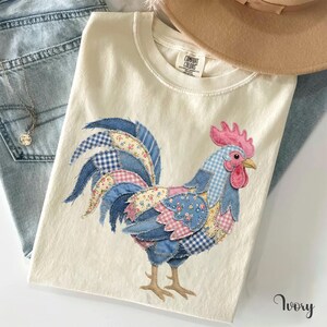 Floral Rooster Faux Patchwork Shirt, Country Patched Rooster Mom Shirt, Farmhouse Rooster Lover Comfort Colors Gift image 2