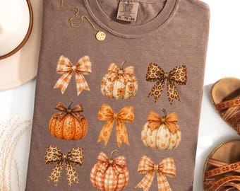 Pumpkin Bow Shirt, Girly Fall Gift, Preppy Halloween Tee, Coquette Pumpkin Shirt, Leopard Bow Autumn Top