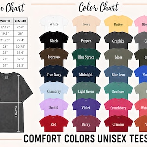 a collection of color charts and a size chart for a variety of unisex t-shirt designs.