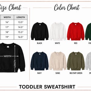 The image is a size chart and color chart for a toddler sweatshirt, providing measurements and color options for different age groups.