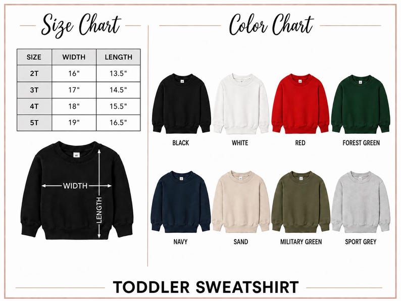 The image is a size chart and color chart for a toddler sweatshirt, providing measurements and color options for different age groups.