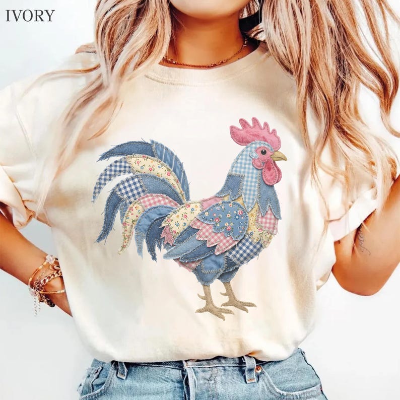 Floral rooster faux patchwork shirt, a country-style patched rooster mom Comfort Colors tee perfect for farmhouse decor lovers and rustic gift ideas.