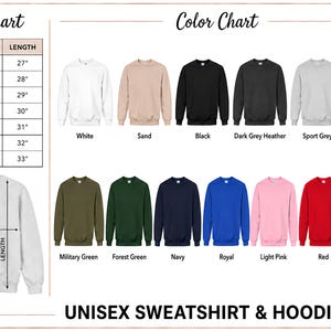 The image is a size chart and color chart for a unisex sweatshirt and hoodie, providing measurements and color options for different sizes and styles.