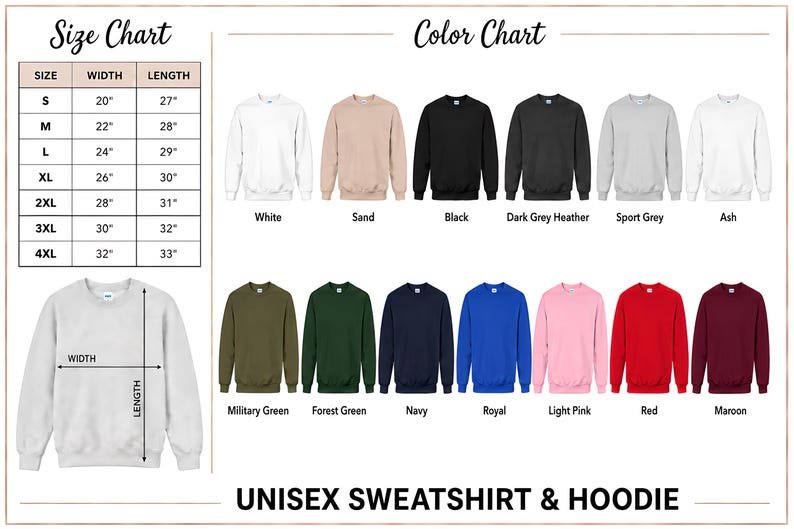 The image is a size chart and color chart for a unisex sweatshirt and hoodie, providing measurements and color options for different sizes and styles.