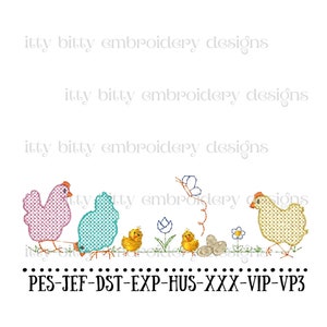 May include: An embroidery design featuring a row of embroidered chickens, chicks, and flowers in shades of pink, teal, yellow, and white. The design includes the text "itty bitty embroidery designs" and file type codes.