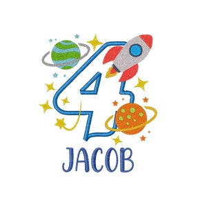 Birthday Astronaut Space Embroidery Design, Set 1-9 Numbers Birthday Embroidery Designs, Boy Embroidery Patterns, Rocket Embroidery image 1