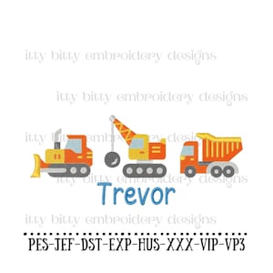 May include: An embroidery design featuring three construction vehicles: a bulldozer, a crane, and a dump truck. The vehicles are orange and yellow with black details. The name "Trevor" is embroidered in blue below the vehicles. The text "PES-JEF-DST-EXP-HUS-XXX-VIP-VP3" is at the bottom of the design.